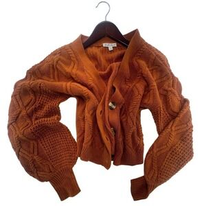 Derek Heart Women's L Cable Knit Button Up Cardigan Sweater Orange Puff Sleeve